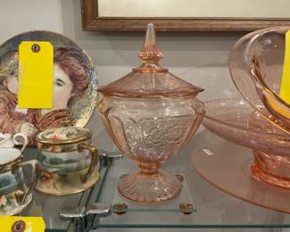 Pink depression glass candy dish $22.50 + tax