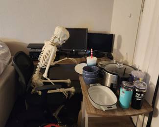 Desk, chair, monitors, YES SKELETON, kitchen gadgets, misc Christmas and Halloween decor