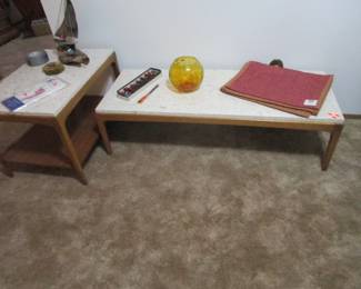 Mid Century Modern Lane Rhythm coffee table and end tables (2) with Travertine tops.

