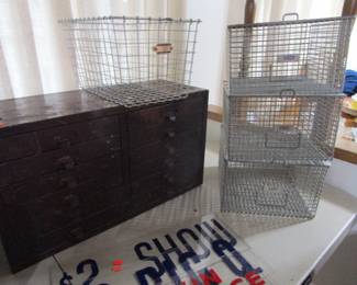 Watchmaker cabinet, signs, old locker baskets