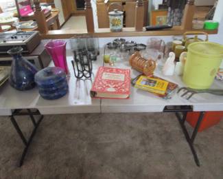 Vintage cookbooks, mid century glass