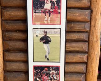 triple framed photographs of Michael Jordan in his first Bulls stint, baseball, and second stint with the Bulls