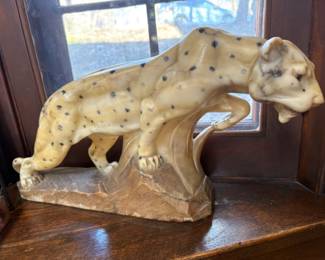 Art Deco alabaster leopard sculpture, signed