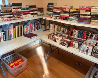 lots of books, DVDs, VHS, CDs and LP records