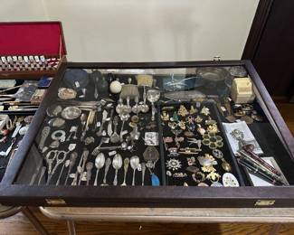 Gold, Sterling & Costume Jewelry, World's Fair Souvenirs: Typewriter Bank, Letter Openers, Pins, Buckle Bracelet, Lots of Sterling: Sewing Notions, Tea Strainer, Spoons, Ladles, Fruit Knives, Hat Brushes, Mesh Bag, Fountain Pens