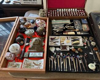 Antique Inkwells, Desk Blotters, Stamp Boxes, Sterling Silver Thimble Collection, Sewing Notions - Bone Lace Bobbins, Tatting Shuttles, Glove Darners, Thread Winders, Measuring Tapes