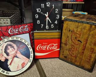 Coca-Cola collectibles. Wood Coke box, thermometer, clock and light shade