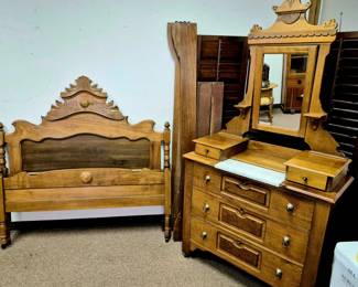3 pcs. antique Eastlake bedroom set-dresser w/ mirror, headboard and footboard w/ slats