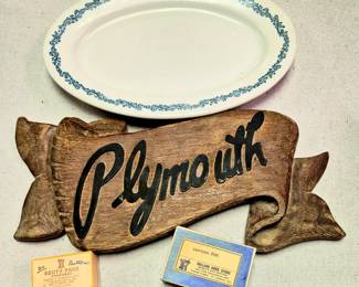 "Geo. Cooke Crockery Co.,St. Joseph Mo" Shenango China platter, "Plymwouth" wood sign, "Sollars Drug Store" box and "South Park Pharmacy" box