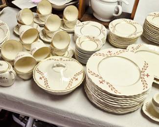 Much china from 2 different families. Syracuse China "Fleur-de-Lis" in maroon china set