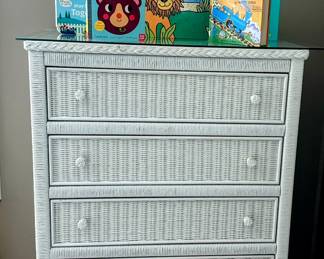 Vintage Lexington by Henry Link four drawer wicker & wood Chest with glass top - model: Coastal White