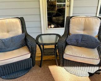 Wicker patio swivel gliders and side table