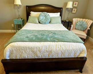 Wood Panel Queen Bed, side tables, Ralph Lauren Lamps, and vintage Clam-back chair