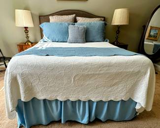 Queen Bed with Upholstered Head board and bedding