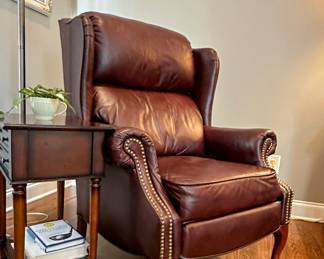 Leather Recliner, side table and floor lamp