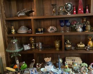 Flow Blue china, Boyd’s Bears, Geode and pewter statues, brass, bohemian crystal.