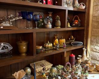 Brass, snow globes, flow blue china set, bohemian cut crystal, pewter statue, Boyd’s Bears, season decor.