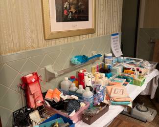 Bathroom items, first aid, lotions, perfumes, sheets