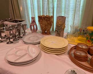 Plates, silver plate drinkware, vases