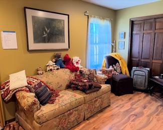 Blankets, sleeper soars, stuffed animals, luggage, chairs, framed art