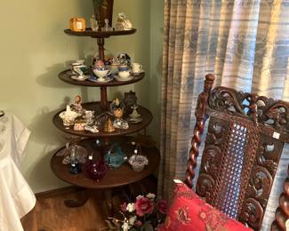 Antique or vintage Barley Twist chair, Fenton baskets, tea cups