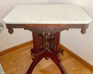 Marble Top Ornate Carved Wood End Table
