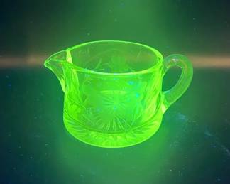 Etched Glass Creamer with Extremely Bright Green Ultraviolet Glow
