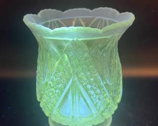 Twin Teardrops Open Sugar Bowl Glass Vase with Green Glow in Ultraviolet Light
