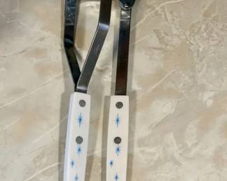 (2) MCM Atomic Starburst Kitchen Utensils — Potato Masher & Carving Fork
