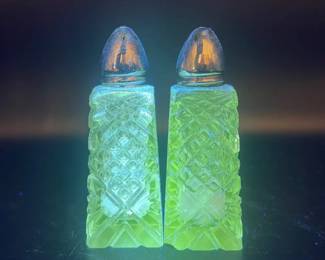 Cut Glass Salt & Pepper Shakers with Green Ultraviolet Glow
