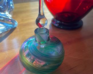 Green and pink ribbon blown glass bottle $68