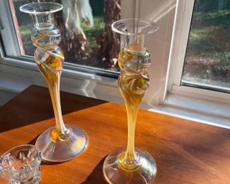 Gold ribboned blown glass candle sticks $60