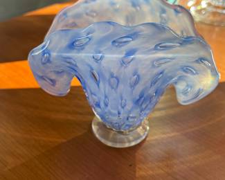 Blue and white blown glass vase $60