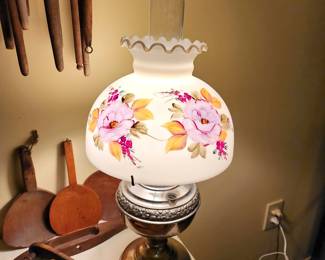 Juno electrified oil lamp with handpainted glass shade