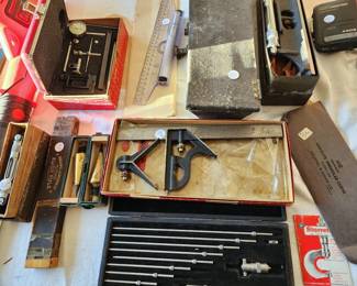 Starrett universal dial test indicator, plumb bobs, slide rules, combination square, & more