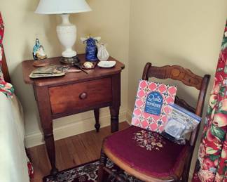 Antique one-drawer stand, Wedgwood lamp, Victorian needlepoint seat chair