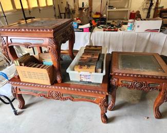 Green marble top coffee table & 2 end tables