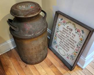 Vintage milk can, framed cross stitch picture