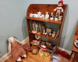 Country bucket bench, vintage toys & books