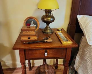 Antique one-drawer stand, Rayo electrified oil lamp, Shaker sewing box, & more!