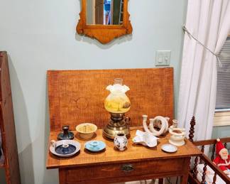 Antique tiger maple game table, mirror