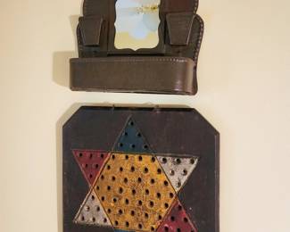 Tin wall hanging brush & comb holder with mirror, primitive wooden Chinese checkers board