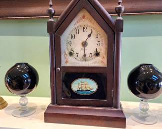 Sessions steeple clock, pair of Cambridge glass ivy balls
