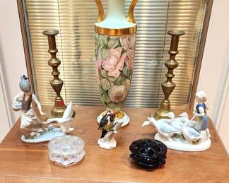 American Belleek (Lenox) handpainted vase, brass candlesticks, Steuben glass flower frogs, figurines by Lladro, Rosenthal, & Gerold Porzellan