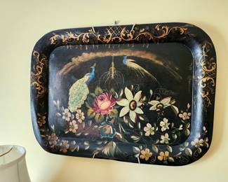 Fabulous antique tole painted tray with peacocks