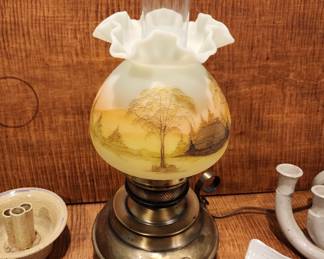 Fenton handpainted Log Cabin custard glass lamp (it glows!)