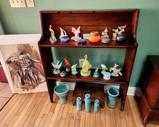 Country bucket bench,  flower frog collection, Louis Mulcahy pottery from Ireland