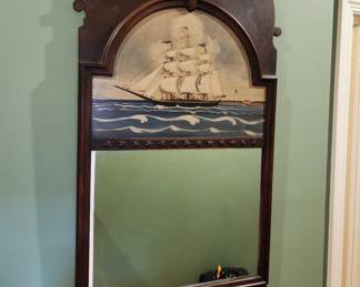 Wood mirror with sailing ship image