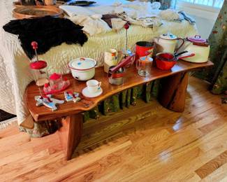 Live edge wood bench, vintage kitchenware