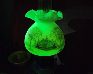 Fenton handpainted Log Cabin custard glass lamp (it glows!)